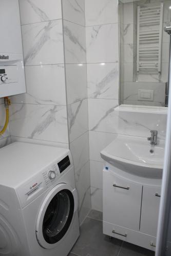 a bathroom with a washing machine and a sink at Apartment M in Smederevo