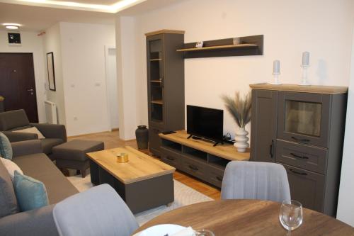 a living room with a couch and a television at Apartment M in Smederevo