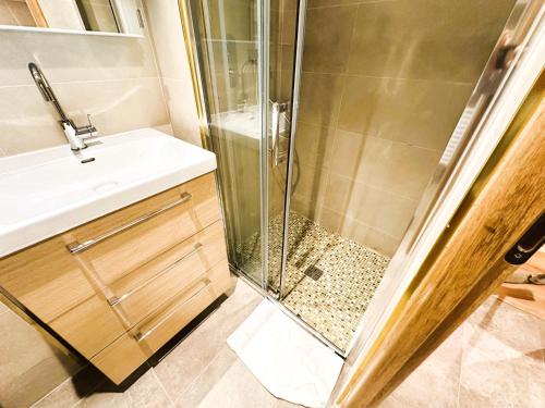 een badkamer met een douche en een wastafel bij Parisien Hôtel style in Pré Saint Gervais