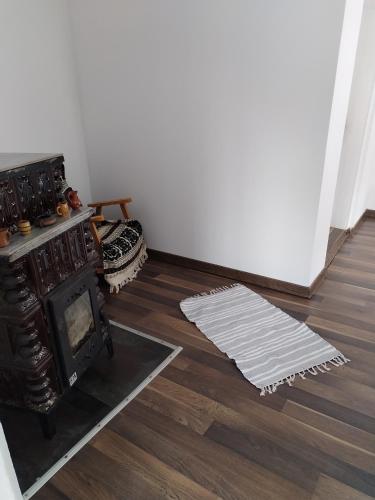 sala de estar con chimenea y alfombra en Apartament la casa pe Transrarau, en Pojorîta