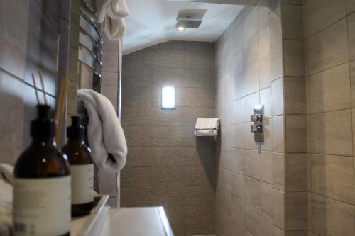 a bathroom with a towel animal in the shower at STAY on the High Street in Tarporley