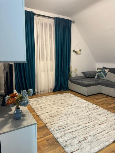 a living room with a bed and a rug at Apartament Central, Năsăud in Năsăud