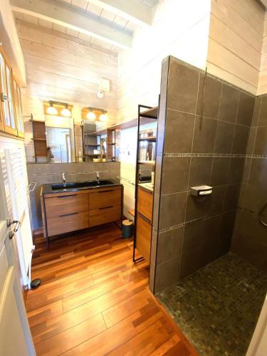 une grande salle de bain avec douche et lavabo dans l'établissement L'ECLUSE maison tout confort piscine chauffée quartier prisé, à La Teste-de-Buch