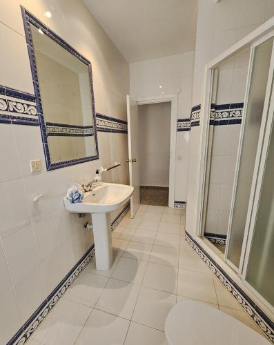 a bathroom with a sink and a mirror and a toilet at La Panaderia 8 PAX, terraza exterior in Cenicero