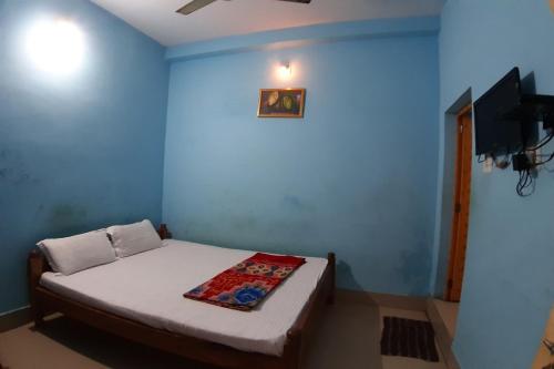 a bedroom with a bed in a blue wall at Hotel Star Lodge Puri in Puri