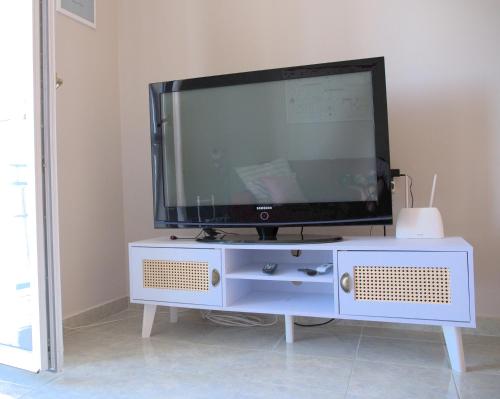 トリノにあるCasa Gegè Lingottoの白いエンターテイメントセンターの上に座ってテレビを見る