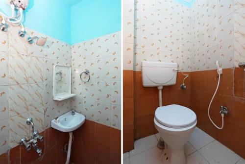 two pictures of a bathroom with a toilet and a sink at Hotel Star inn Sea View Hotel GRG in Puri