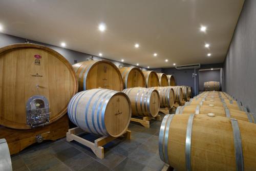 uma fila de barris de vinho de madeira numa sala em Terra Wylak Winery em Veľké Zálužie