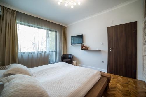 um quarto com uma cama grande e uma janela em Apartment Antique Theatre 2 em Stara Zagora