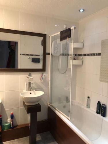 a bathroom with a sink and a shower at Lovely riverside flat in Stifford