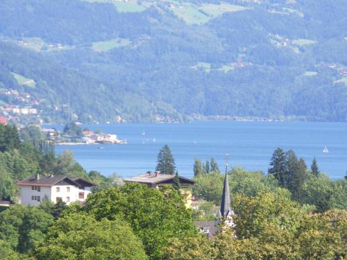 a house on a hill with a view of a lake at Apartments Krista in Seeboden
