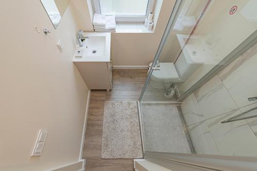 考纳斯Studio apartment Contrast By Polo Apartments的带淋浴和玻璃门的浴室