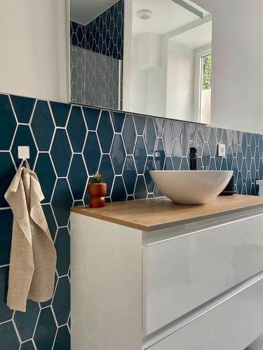 La salle de bains est pourvue d'un comptoir avec un lavabo et un miroir. dans l'établissement ClassicBlue, centre de Mulhouse, à Mulhouse