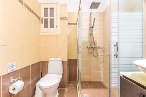 a bathroom with a toilet and a shower at Villa Maria in Almiros Beach