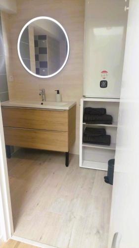 une salle de bain avec un lavabo et un miroir dans l'établissement Maison de bourg - wifi - checkin autonome, à Saint-Martin-sur-Oust