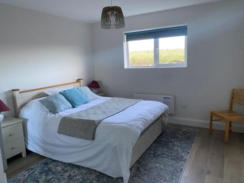 Un dormitorio con una cama grande y una ventana en Relaxing Seaside Apartment in Garryvoe ., en Cork