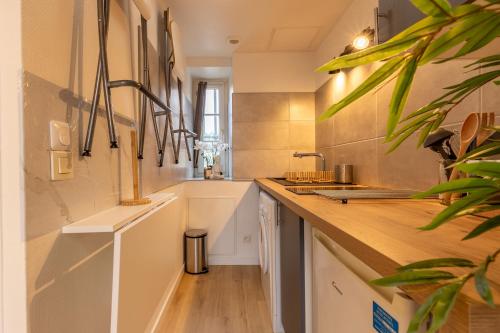 eine Küche mit Spüle und Arbeitsplatte in der Unterkunft Au Soleil Levant - Havre Zen à Orléans in Orléans