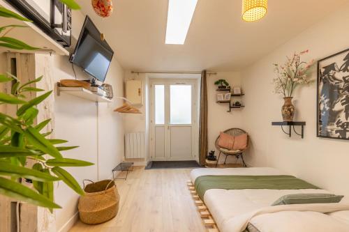 ein Zimmer mit einem Bett und einem Fernseher an der Wand in der Unterkunft Au Soleil Levant - Havre Zen à Orléans in Orléans