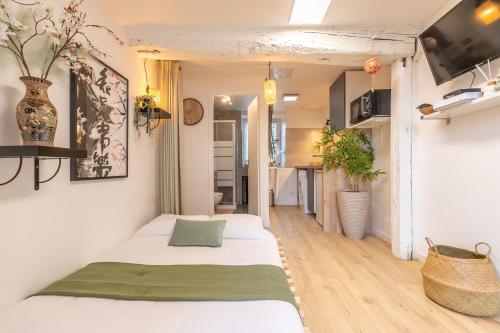 Cet appartement comprend une chambre avec deux lits et une cuisine. dans l'établissement Au Soleil Levant - Havre Zen à Orléans, à Orléans