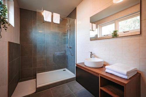 een badkamer met een wastafel en een douche bij Hartje Harderwijk in Harderwijk