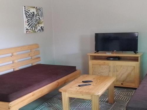 a living room with a bed and a table and a tv at Port St Johns River Lodge in Port St Johns