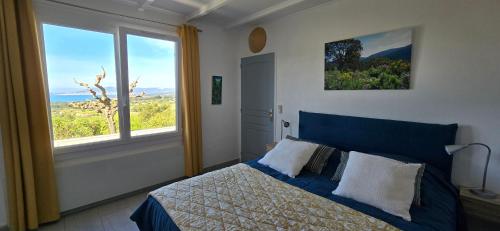 - une chambre avec un lit bleu et une grande fenêtre dans l'établissement La Maison De La Cadière, à La Cadière-dʼAzur