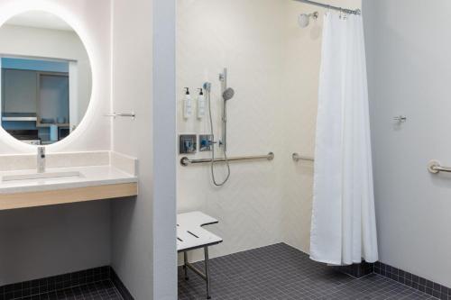 a bathroom with a shower and a sink and a mirror at TownePlace Suites by Marriott Pleasanton in Pleasanton