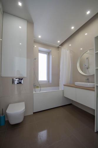 a bathroom with a toilet and a sink and a mirror at DayFlat Apartments Maidan Area in Kyiv