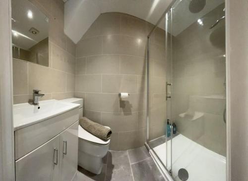 a bathroom with a shower and a toilet and a sink at 3 Cherry Tree Cottages in Stock