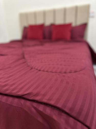 a bed with a purple blanket and red pillows at Madinat Happy Muscat House in Muscat