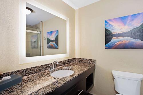 a bathroom with a sink and a mirror at La Quinta by Wyndham Lexington South / Hamburg in Lexington