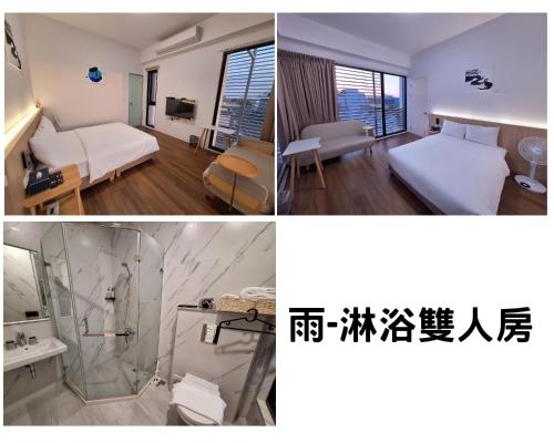 台南包棟 - 澤居 في آنبينغ: صورتين لغرفة بسرير وحمام