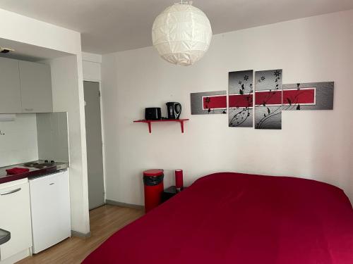 a room with a red bed and a kitchen at Studio au coeur des Rues Piétonnes in Lille