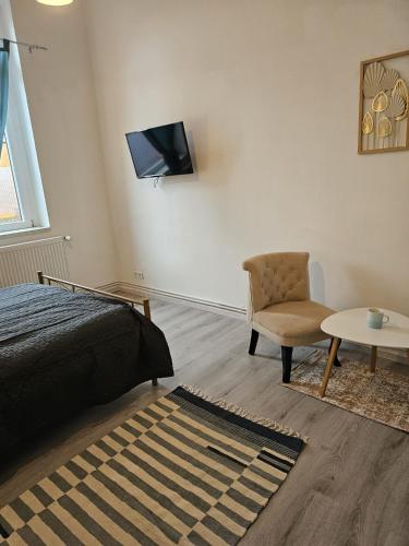 ein Schlafzimmer mit einem Bett, einem Stuhl und einem TV in der Unterkunft Ap 2- 33 qm bei Oschersleben + Helmstedt in Ausleben