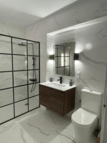 a bathroom with a toilet and a sink and a mirror at Casa La Vuelta in Águilas