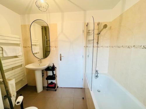 une salle de bain avec une baignoire, un lavabo et un miroir dans l'établissement Magnifique maison de ville, à Morestel