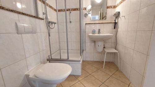 ein Badezimmer mit Dusche, Toilette und Waschbecken in der Unterkunft Villa Schwan by Rujana in Binz