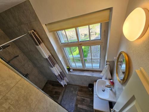 ein Bad mit einem Waschbecken, einer Dusche und einem Fenster in der Unterkunft Gästezimmer Ihr Quartier Erdgeschoss Zimmer 2 in Gontenschwil