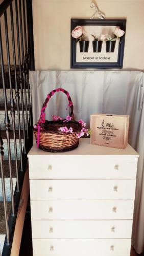 a basket on top of a dresser with a box on it at Villa Albina in La Loggia
