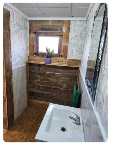 a bathroom with a white sink and a window at Casa rural privada y cabañas Hasta 12 plazas in Orihuela