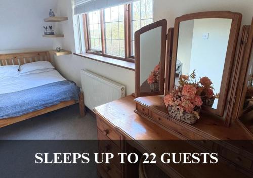a bedroom with a bed and a mirror and a dresser at The Fortis House, Bournemouth, with Swimming Pool and Hot Tub Jacuzzi in Bournemouth