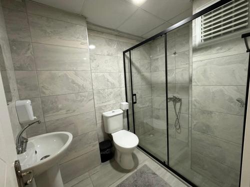 uma casa de banho com um chuveiro, um WC e um lavatório. em Viyana Premium Pansiyon em Kütahya