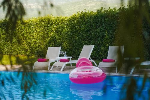 a pool with chairs and a pink object in the water at Villa Leko Dream House in Cetina