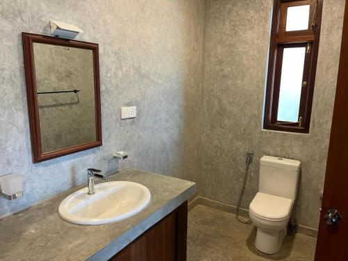 a bathroom with a sink and a toilet and a mirror at Par 5 Golf Villa in Digana