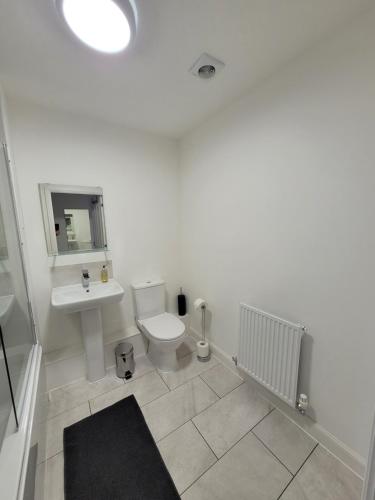 a white bathroom with a sink and a toilet at Skylark Apartment in Peacehaven