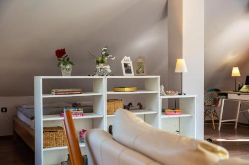 a living room with a white book shelf at Holiday house Kajfes in Brod na Kupi