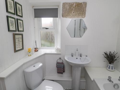 a white bathroom with a toilet and a sink at Lavender Cottage in Alnwick