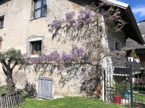 um edifício com flores roxas ao lado em La Tour charmant studio très bien situé em Tours-en-Savoie