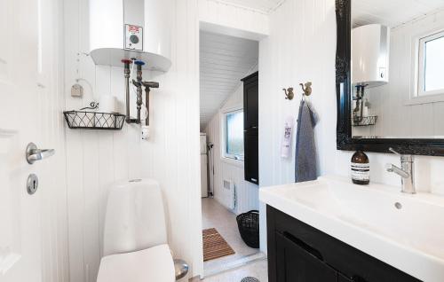 y baño con lavabo, aseo y espejo. en 3 Bedroom Awesome Home In Juelsminde, en Sønderby