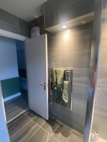 a bathroom with a towel rack on the wall at Modern Dublin Apartment in Dublin